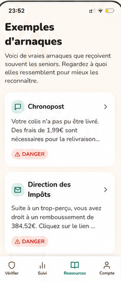 Exemples d'arnaques dans Verifam : faux Chronopost, fausse Direction des Impôts