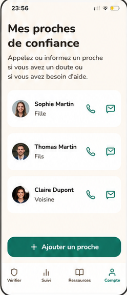 Écran Mes proches de confiance dans Verifam avec la liste des proches reliés