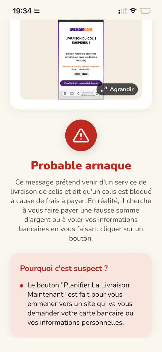 Résultat Verifam : verdict Probable arnaque, pourquoi c'est suspect et que faire