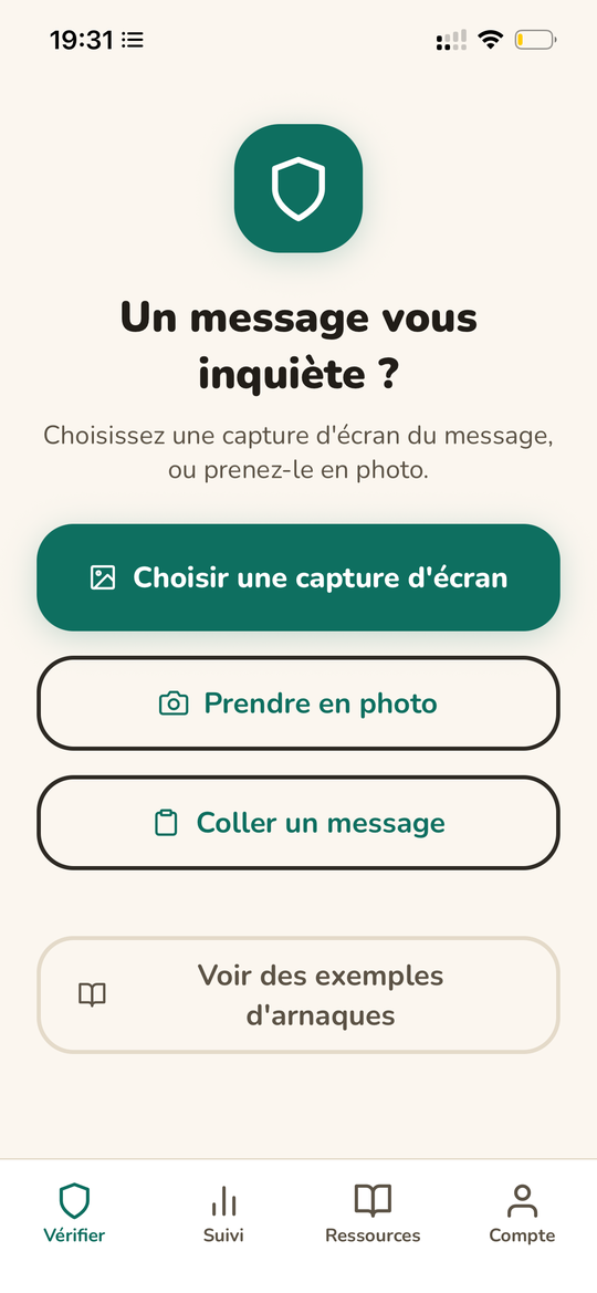 Écran Vérifier de Verifam : choisir une capture d'écran ou prendre une photo